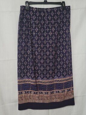 Vtg Lee David Collection Sz 10 Navy Midi Skirt Faux Wrap Boho Geometric Border P